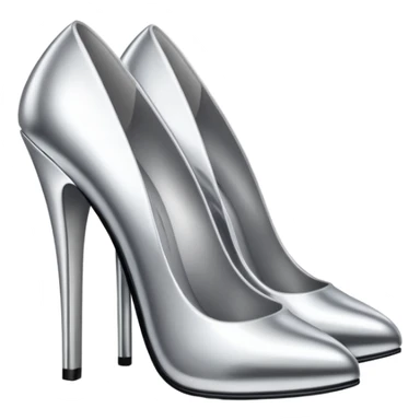 A pair of high heel shoes emoji made of polished silver chrome, elegant sharp silhouette, smooth metallic surface, glossy reflections, luxury sexy vibe, minimalistic iOS emoji style, centered, clean white background sticker