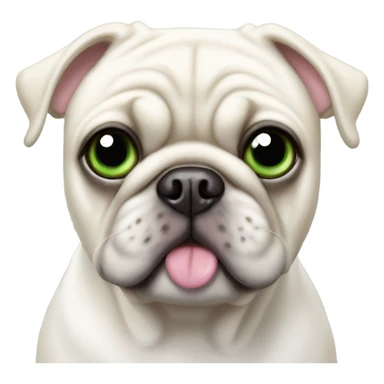 all white pug with white bows on ears, green eyes, pink nose sticker