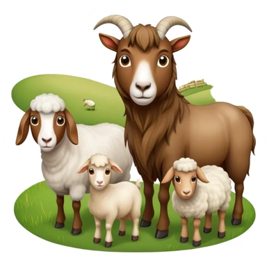 Icon for Domestic Hooved Animals: A gentle collage featuring a brown goat with large, curious eyes, a calm sheep with soft wool, and a majestic horse with a flowing mane. Background with a green pasture and a few hay bales. Transparent background. sticker