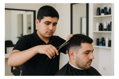 shu odamni sartaroshxonada mijozlarni sochini olayotganin  tasvirlab ber juda yosh ham katta ham bo'lmasin semiz ham bo'lib ketmasin o'smirin davrini sticker