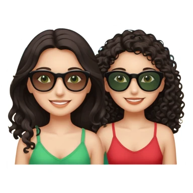 Two besties on the beach, black sunglasses, 1: long ironed straight darkbrown hair, green eyes, 2: long curly darkbrown hair, brown eyes  sticker