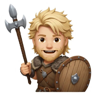 A young Viking warrior with messy blond hair, wooden shield, and fierce excited grin.
 sticker