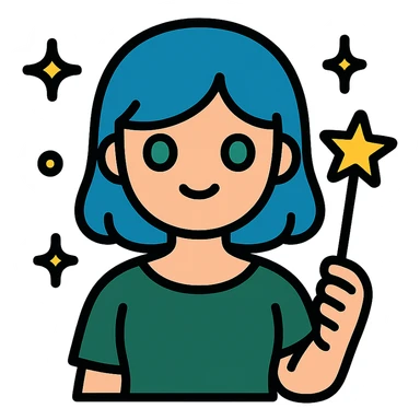 beautiful girl with blue hair and green eyes, holding a magic wand, wearing dark green dress, magical sparkles around, icon style sticker