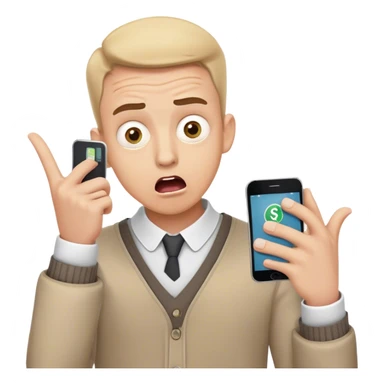 A surprised man holding a smartphone, wide eyes and open mouth, showing a banking app with a negative balance or notification of stolen money, hands in a shocked gesture, light skin tone, modern clothing, simple emoji style sticker