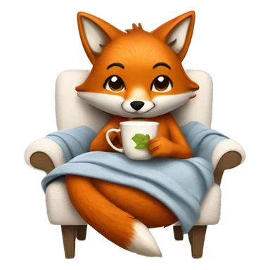 the fox sits in a chair, wrapped in a blanket and drinks tea sticker