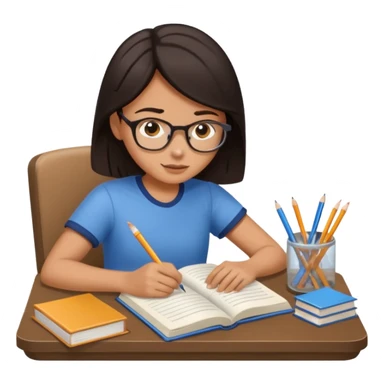 A student with dark hair is reading a book and taking notes in a notebook. There are also papers and textbooks on the table. sticker