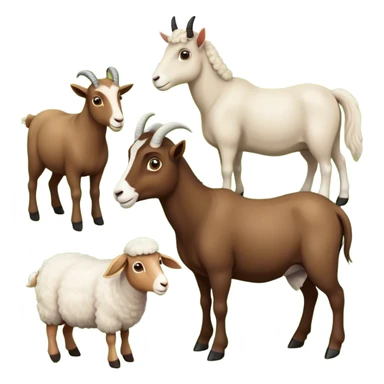 Icon for Domestic Hooved Animals: A gentle collage featuring a brown goat with large, curious eyes, a calm sheep with soft wool, and a majestic horse with a flowing mane. Background with a green pasture and a few hay bales. Transparent background. sticker