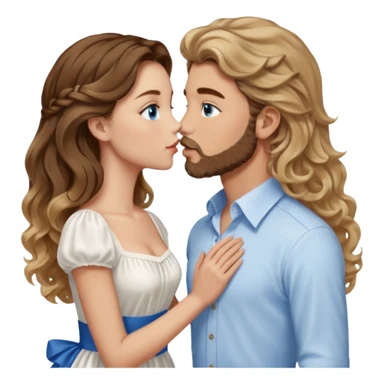 A girl with very long  balayage brown & blond curls kissing a boy with brown hair and a short beard. She wears a very elegant dress in white and he wears a shirt. They both have blue eyes and looking at each other  sticker