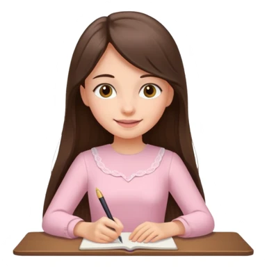 pretty smiling long brunette hair girl with hazel eyes wearing light pink dress writing sticker