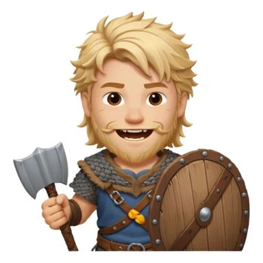 A young Viking warrior with messy blond hair, wooden shield, and fierce excited grin.
 sticker
