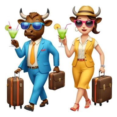 generate an emoji of a group of up to 8 male and female bulls travelling together on holidays. One bull has a suitcase, one has sunglasses, one is carrying a cocktail. They're all in motion, walking together. Make the characters look like bulls. They wear summer clothes sticker