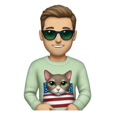 Brown hair handsome man wearing designer sunglasses. He has blueish green eyes. He is holding a hairless cat. His sweater is navy with an American flag sweater sticker