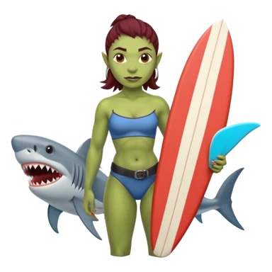orc female holds a surfboard with a shark painted vertically in his hands sticker