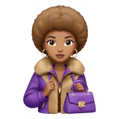 Beautiful black woman wearing a brown monogram Fendi jacket with a fur trim. She is carrying a purple Fendi peekaboo bag. I want the image to start at her head and end at the chest sticker