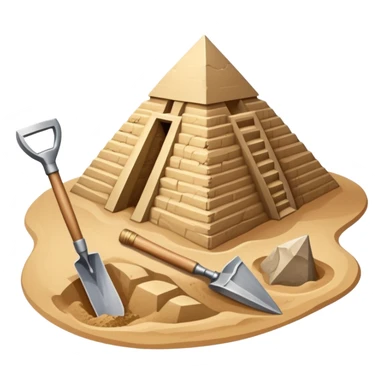 An icon showing archaeological tools like a trowel, brush, and pickaxe placed on sandy ground, with an Egyptian pyramid in the background. The design symbolizes excavation and discovery of ancient history, blending tools and iconic landmarks. Transparent background. sticker