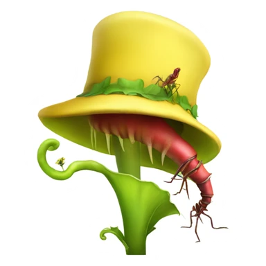 A carnivor plant eating an insect with a yellow hat sticker