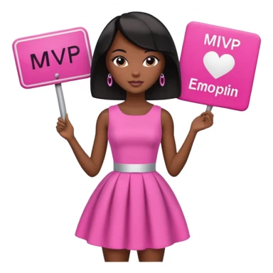 Black barbie, short  black bob  hair, pink dress with a sign that says mvp sticker
