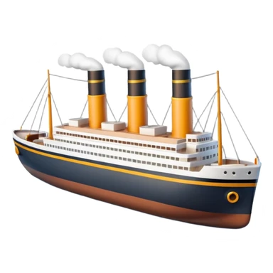 A miniature 3D Titanic ship emoji in Apple style, small and compact with smooth glossy surface, bright clean colors, simplified but recognizable details like smokestacks and windows, no facial features, floating on calm ocean, soft shadows, high-quality render, isolated on white background.



 sticker