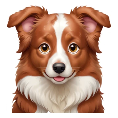 Cinematic Cute Red Merle Australian Shepherd Portrait Emoji, Head tilted playfully and inquisitively, soft red merle fur with delicate white markings, round, sparkling amber eyes filled with curiosity, Simplified yet irresistibly adorable features, highly detailed, glowing with a warm, friendly glow, high shine, affectionate and lively, stylized with a touch of whimsy, bright and endearing, soft glowing outline, capturing the essence of a mischievous yet loving pup, so playful it feels like it could bound out of the screen and into your arms! sticker