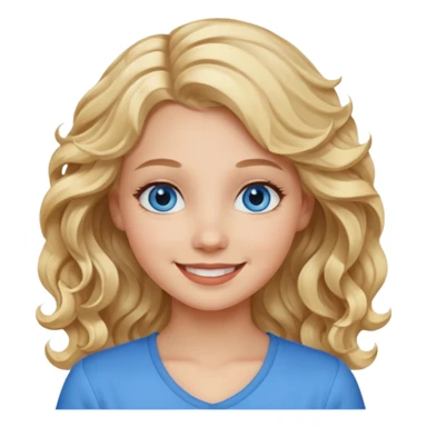 Please generate an image of a girl. She has blue eyes, blond, wavy hair, and is smiling. sticker
