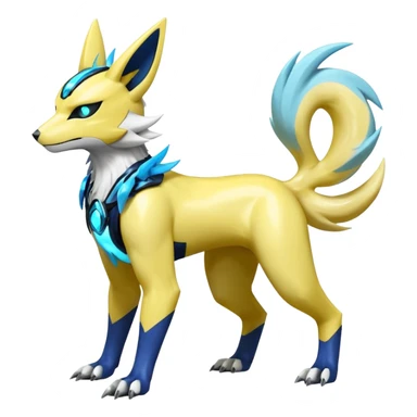 Shiny cyan glossy sparkly feral smooth soft yellow white electric complex futuristic white-cyber-masked Zeraora-Renamon-Electrike-Umbreon-Lombax-Weregarurumon-fusion-creature (full body sticker
