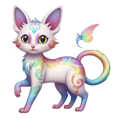 Pure-snow-White albino iridescent with pastel rainbow-gradients-color-markings with swirly patterns butterflies  faerie-Noivern-Noibat-Purloin-Torracat-Lykoi-Caracal-cat-Fakemon-fusion-hybrid-creature-jumping sticker