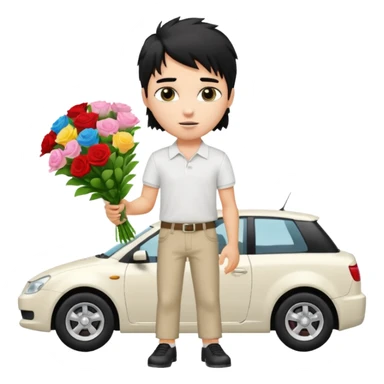 generate a pretty fair bratz boy with a messy mullet (black hair), wearing a white polo.  carrying a bouquet made of money. expensive car behind him sticker