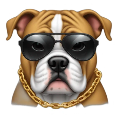 A bull dog wearing a black hoody and it has a sunglasses and a gang chain sticker