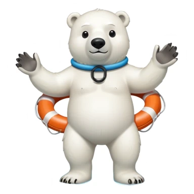 full body friendly anthropomorphised polar bear wearing swim suit and scuba goggles holding life buoy standing in puddle sticker