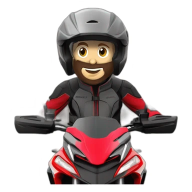 Caricatura Moto Ducati multistrada enduro off road roja y negra con manchas de barro en el depósito y las ruedas. Piloto con casco gris y máscara sticker