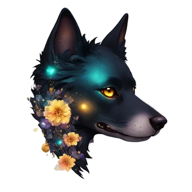 Black iridescent fluffy dog fox head skull zombie skull skeleton gold mechanical steampunk raven wings nebula galaxy stars colorful flowers fairy lights vintage sticker