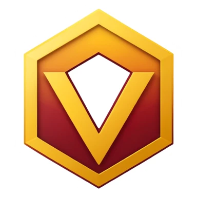 hexagon emblem with a thick yellow-to-gold outline and a dark red gradient inside. In the center, place a bold capital letter V in the same yellow-to-gold gradient as the outline. Keep the shapes clean and geometric, with smooth color transitions and no background color. sticker