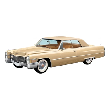 Minimalist beige 1966 Cadillac DeVille, simplified clean lines, 30-degree view, reduced details, essential features only, iconic silhouette, Once Upon a Hollywood inspired, iOS emoji style sticker
