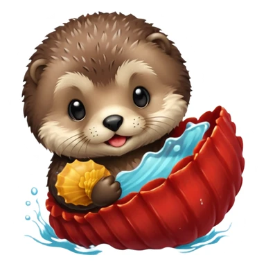 baby sea otter pup holding a red scallop shell sticker