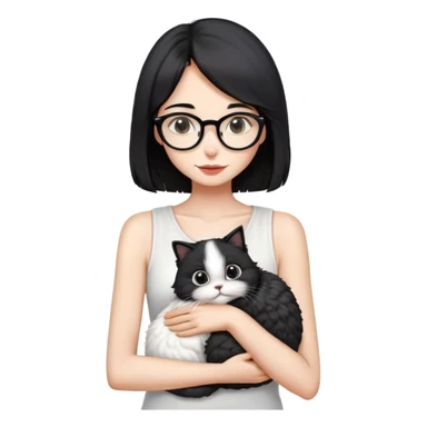 Skinny woman with oval glasses, shoulder length straight black hair, wearing white sleeveless top, hugging a Persian-Angora cat that's gray and white like Oreo cookies, plain background sticker