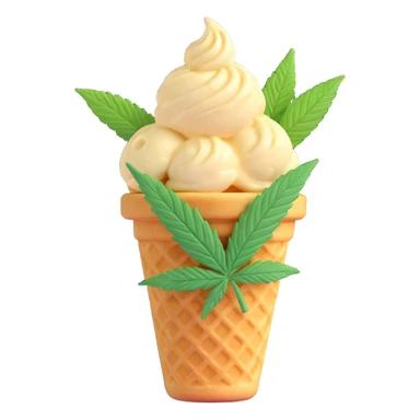 gelato in a waffle cup with cannabis leaf sticker