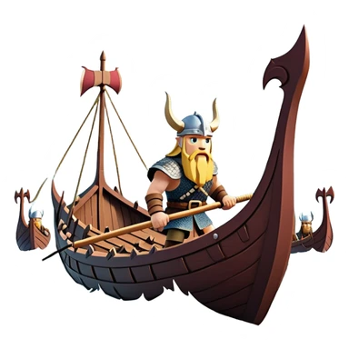 clash-of-clans-aesthetic_-cinematic-viking-longboat, rendered in a flat, bold vector style with minimal shading, featuring a striking dragon-headed prow slicing through waters. shields on the side and vikings rowing The longboat’s, the boat has carved motifs evoke a sense of epic adventure and Nordic might, with billowing sails catching a dramatic, stormy sky backdrop. sticker