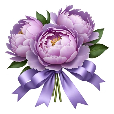 "A hyper-realistic bouquet of light purple peonies, freshly bloomed, tied with a luxurious satin ribbon in a soft lavender shade. The petals are delicate and slightly ruffled, with subtle color gradients ranging from pale lilac to deep violet. The bouquet is placed on an elegant marble tabletop with a vintage-style mirror reflecting its beauty. Soft natural light enhances the intricate textures of the flowers, casting gentle shadows."
 sticker