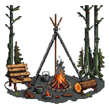 bushcraft wilderness campfire with tripod cooking setup and log seats sticker