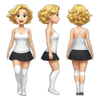realistic full body caucasian curvy beauty jumping short black skirt back and front views strong wind white knickers long white socks sticker