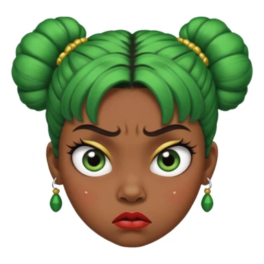 Create a 3D cartoon-style girl character with dark skin, round face, angry expression, big wide eyes, and tightly styled double buns made of green beaded hair. The girl should look irritated, eyebrows sharply angled, and lips pressed in a frown. sticker