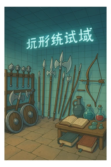 A virtual simulated training environment for combat drills, configured with swords, daggers, axes, maces, halberds, bow and arrows, and shields, as well as spell books and potions  sticker