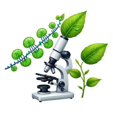 An icon featuring a DNA strand, a microscope with visible cells, and a green leaf, symbolizing biology. The design includes animal cells, plant structures, representing the study of living organisms and ecosystems. Transparent background highlights life sciences and biological research. sticker
