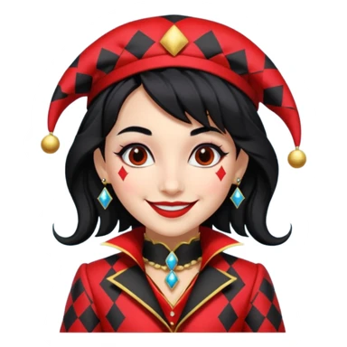 Jester girl, black and red suit, black hair, harley quinn sticker