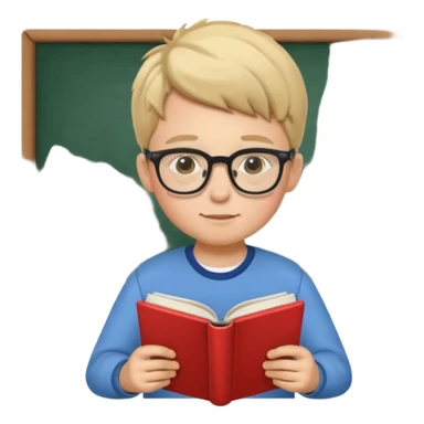 Boy with glasses sitting at school reading with his back to the camera sticker