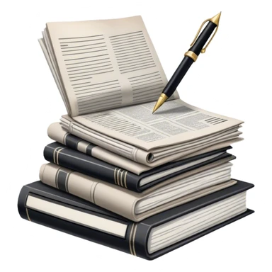 Create an emoji representing journalism and publicistic writing. The design should feature a stack of newspapers as the base, with an open working notebook placed on top of them. A single fountain pen should rest at the very top on the notebook, symbolizing the act of writing. Use neutral, professional colors like black, white, and muted tones to convey a sense of seriousness and intellect. Do not include any emojis or smiley faces. Make the background transparent. sticker