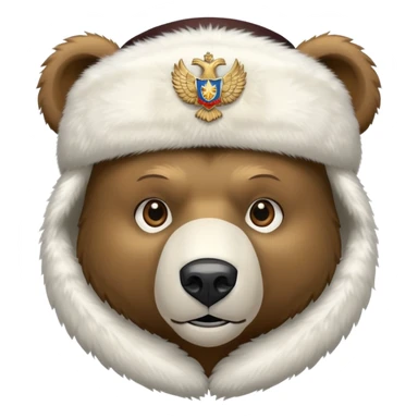 Bear head only in white fur ushanka hat with accurate Russian Federation eagle emblem clearly visible in center, iOS emoji style sticker