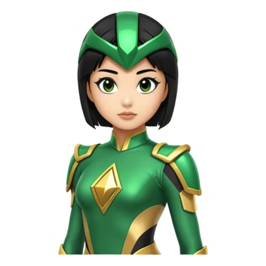 wasian girl in a green Power Ranger suit, black straight hair, black eyes sticker