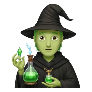 Green-skinned male wizard with a long nose, wearing a black hat and robe, holding a glowing potion bottle sticker