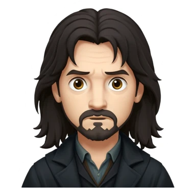 Sirius Black emoji, long dark hair, rugged features, mysterious expression, dark coat, inspired by Harry Potter films sticker